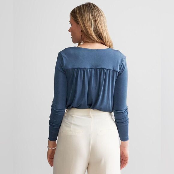 Free People | Turnt Sheen Bodysuit in Blue Metal Long Sleeve Slinky Top Thong XS - Picture 3 of 8